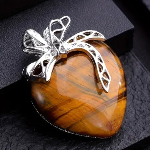 Tiger Eye Natural Gemstone Love Heart Bow Knot Pendant Necklace Gemstone Pendant - Picture 2 of 2